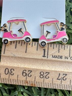Pink Golf Cart Enamel Stud Earrings -